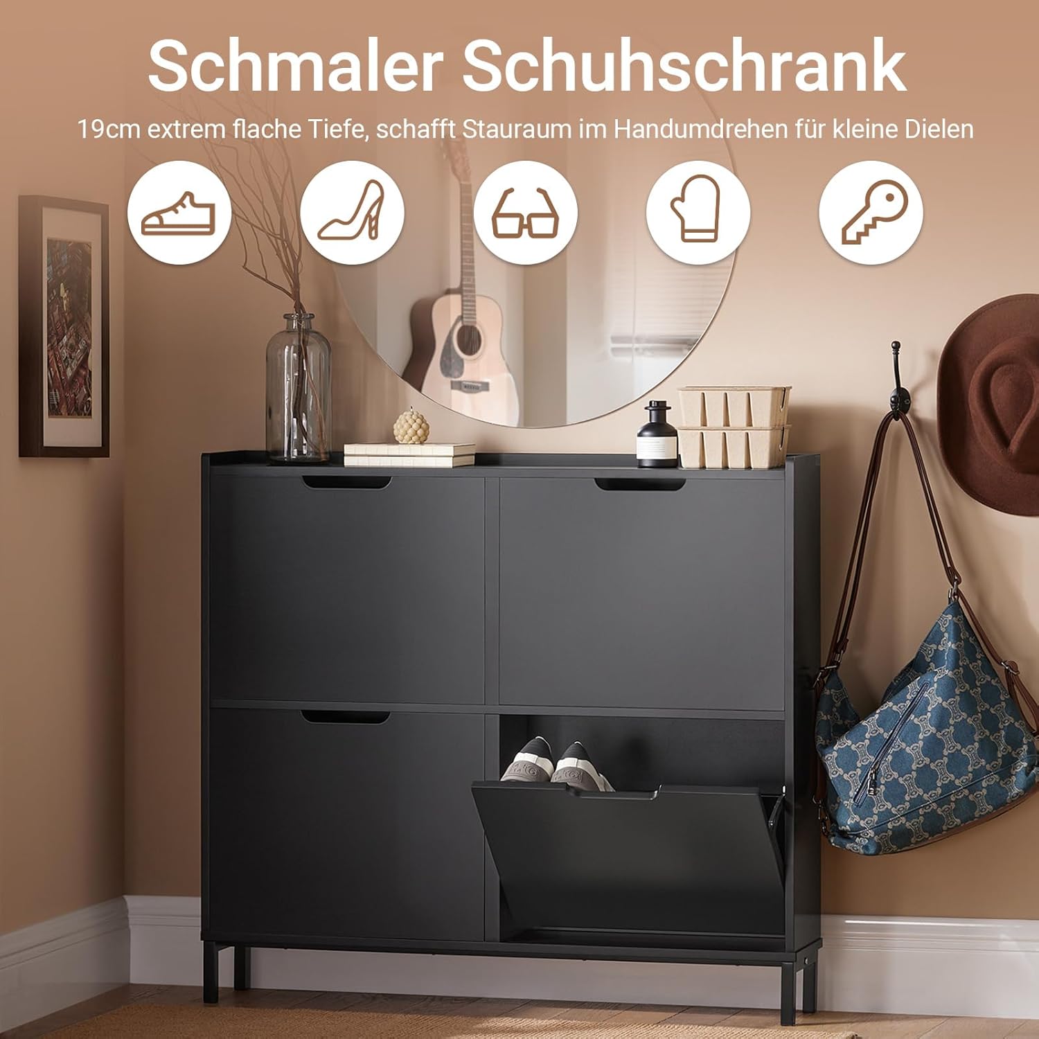 SoBuy Schuhschrank Schmal mit 4 Klappen platzsparender Schuhkipper Hoch Kommode mit 4 Ablagen Schuhregal geschlossen Flurschrank für Diele, Flur, Garderobe 100x91x19cm Schwarz FSR100-SCH