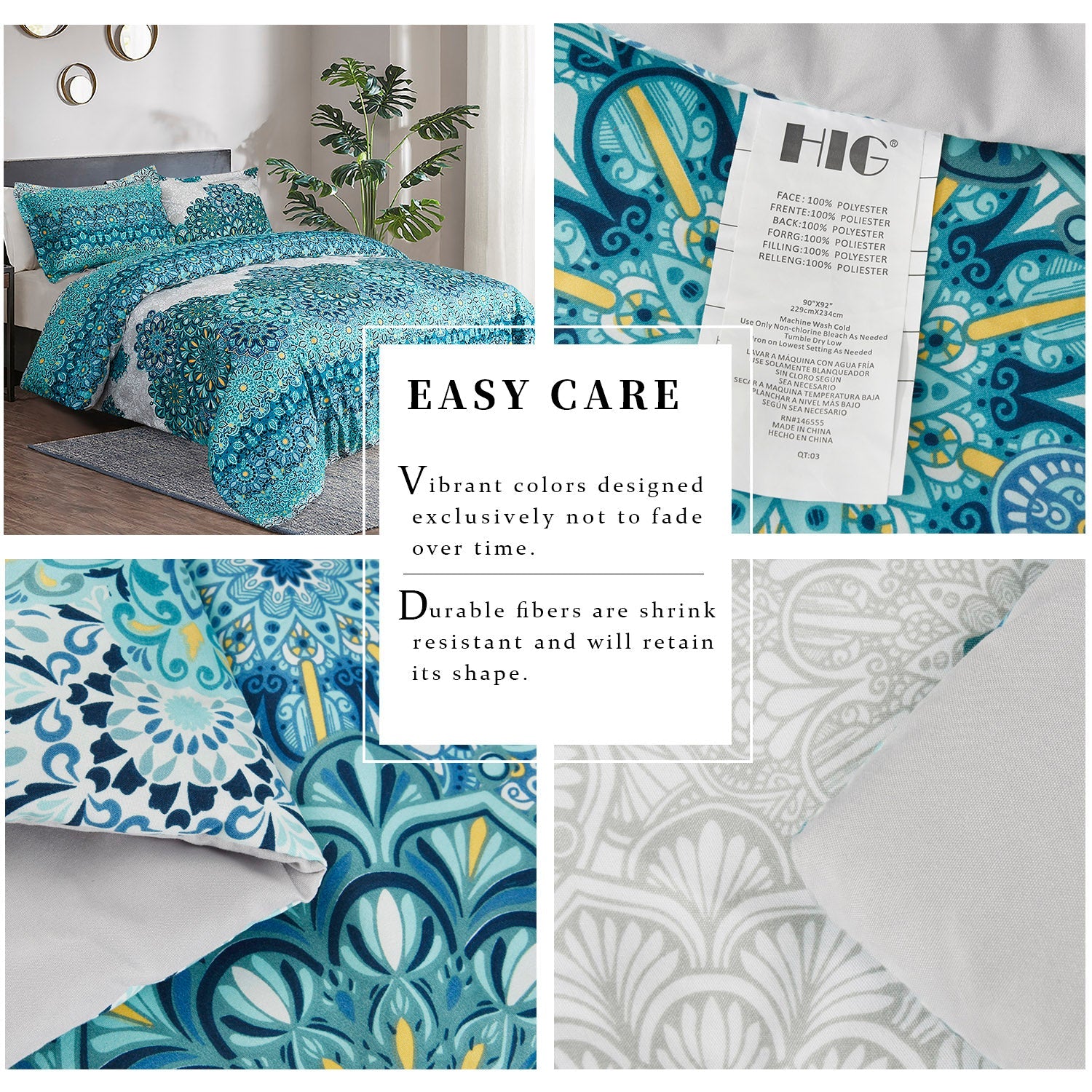 HIG 3 Piece Bohemian Floral Print Comforter Set for Queen King Bed, Pastoral Style Lightweight Duvet Set for Bedroom Decor