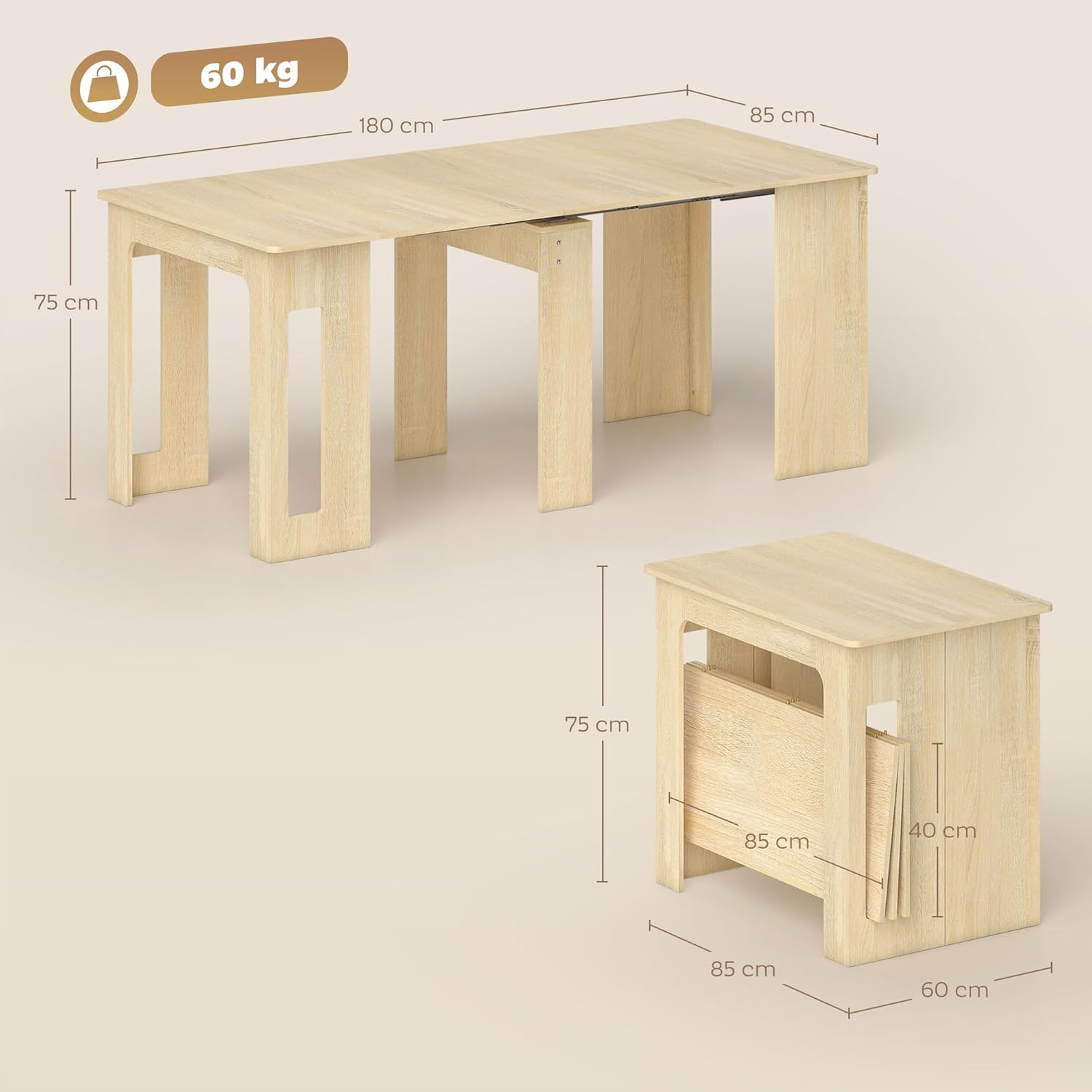 HOMCOM Esstisch, 60-180x85cm 3 Stufig Ausziehbar Küchentisch für bis 6 Personen, Modern Esszimmertisch, für Wohnzimmer, Esszimmer, Küche, Natur