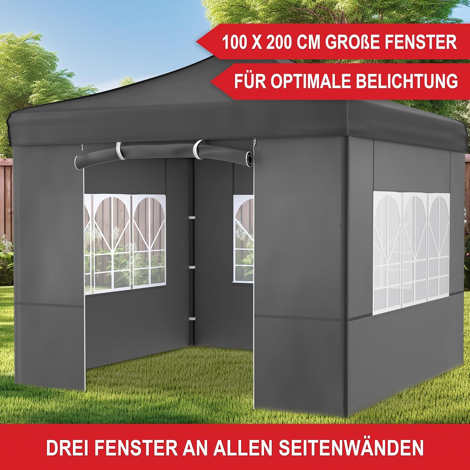 Pavillon – 3x3m – Großer Eingang - Wasserdicht – Pop up Gestell – Seitenwänden mit 3x3 Fenstern – Zusätzlich mit Tasche – Faltbarer Outdoor Pavillon Faltpavillon (Grau)