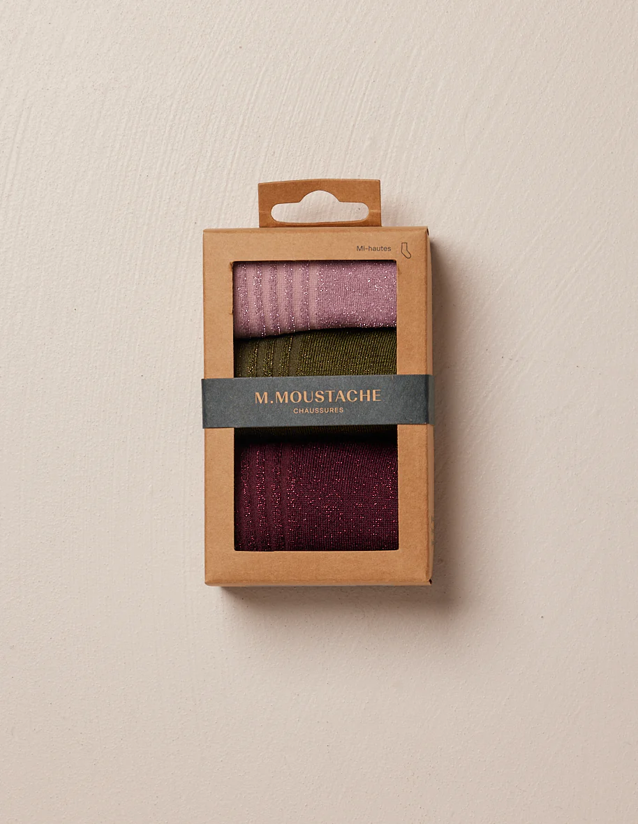 Pack de 3 Chaussettes - Côtelé Rose, Kaki et Bordeaux