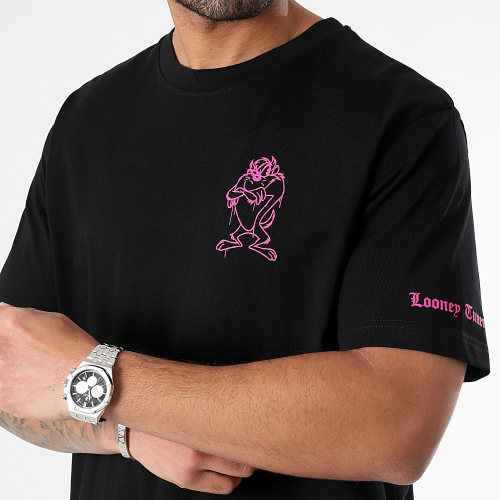 Tee Shirt Oversize Large Sleeve Angry Taz Noir Rose Fluo