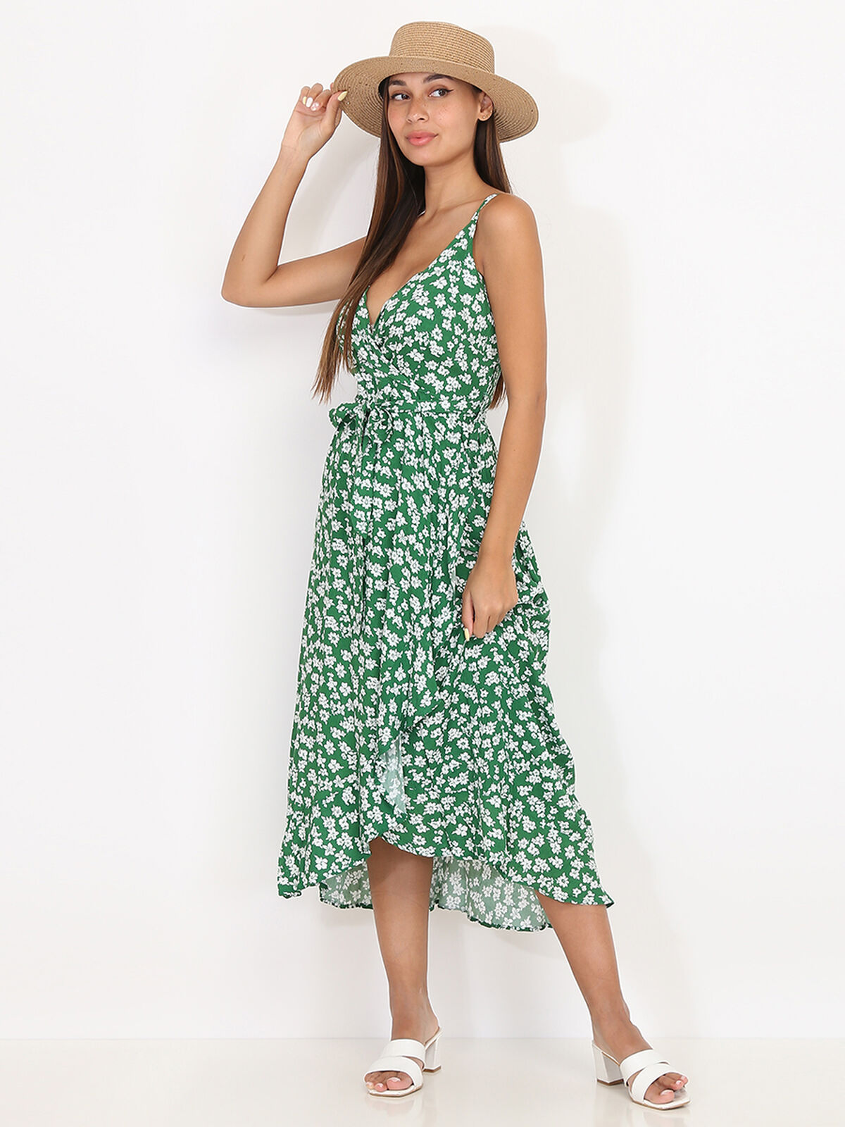 Robe mi-longue à volants et petites fleurs- Vert