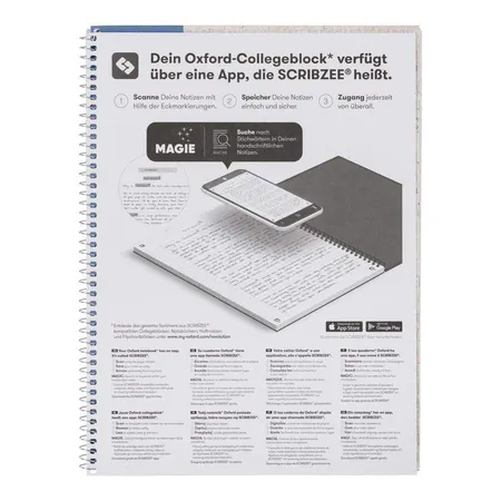 Oxford Recycling Collegeblock A4+, 80 Blatt, liniert mit Doppelrand, 90 g/m², 4fach gelocht, Optik Paper®