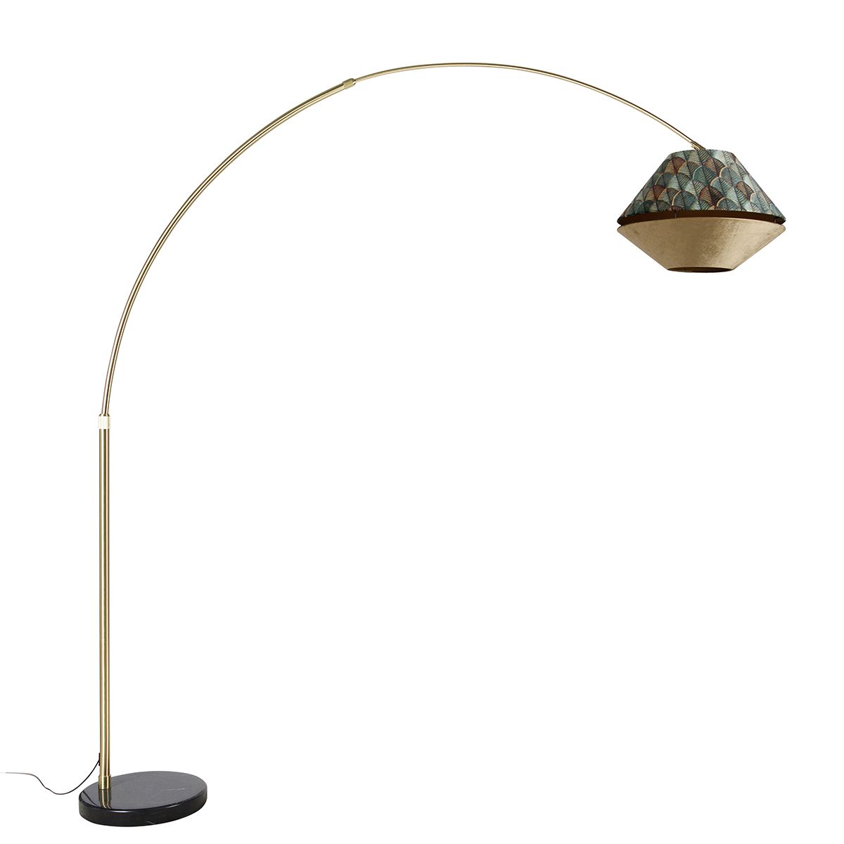 Booglamp messing met dubbele velours kap blad dessin en beige - XXL
