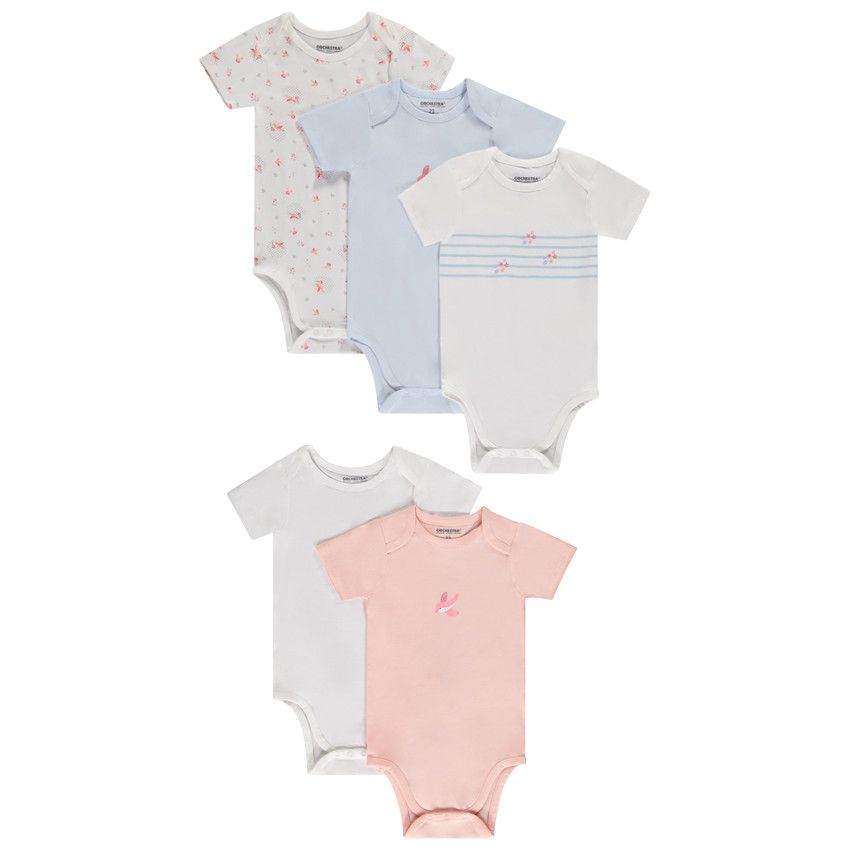 Lot de 5 bodies manches courtes fantaisie pour bébé fille avec ouvertures différentes selon l'âge - Ecru
