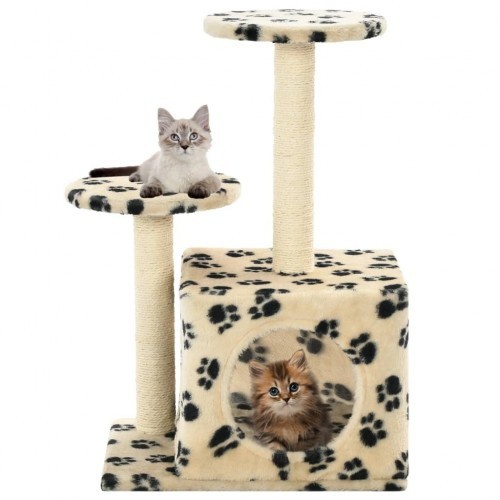 Arranhador bege para gatos com estampa de sisal e pegadas.