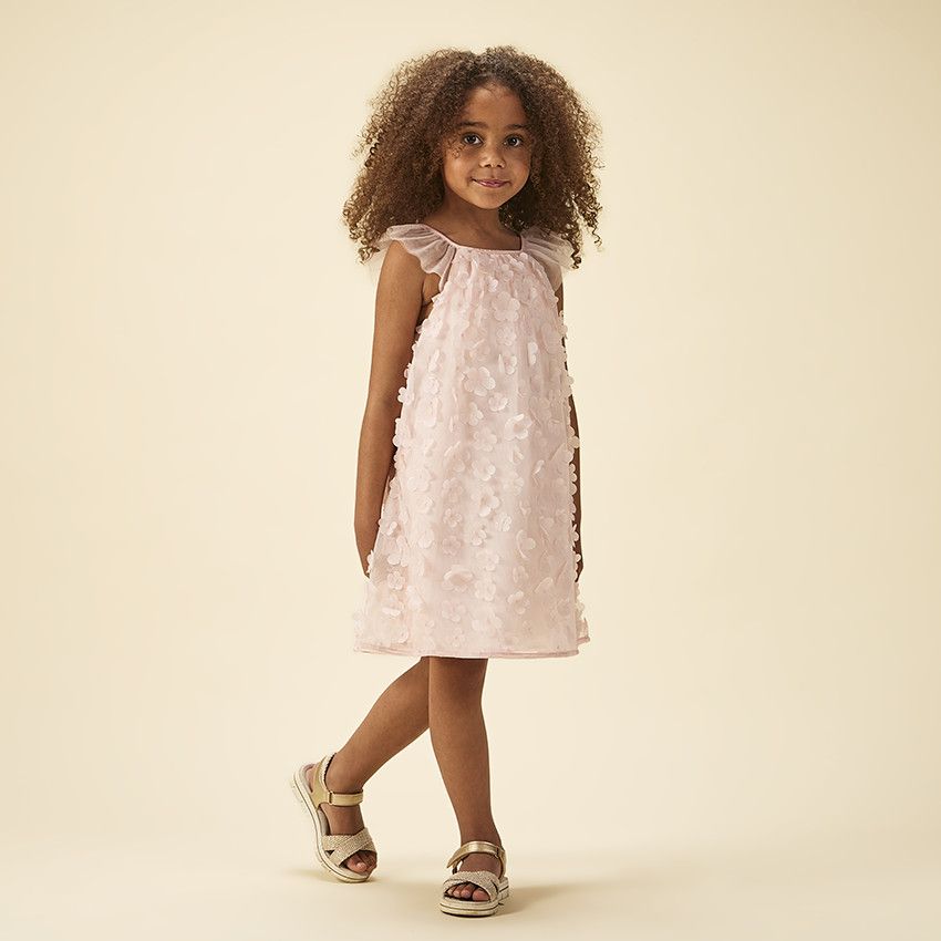 Robe de cérémonie en tulle avec fleurs 3D pour fille - Rose