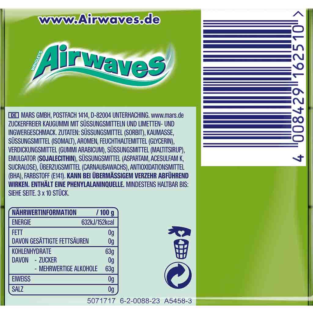 Wrigleys Airwaves Lime & Ginger 20x 3er Packs á 30 Dragees MHD:27.10.25
