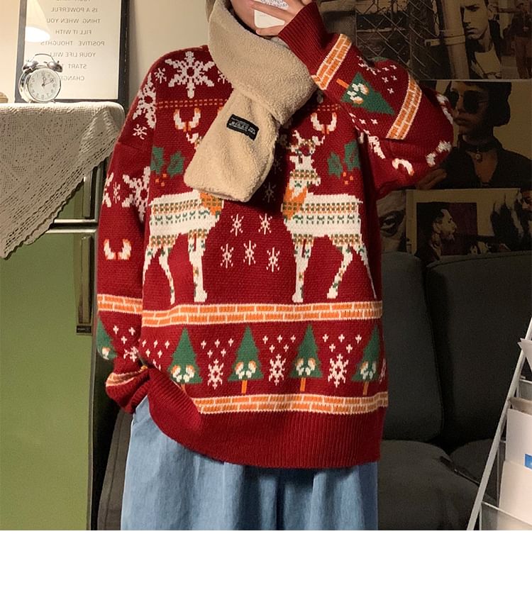Dubbelwit - Unisex lange mouwen hertenprint losse kersttrui