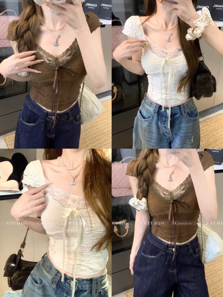 Secolo - Blouse met korte mouwen, ronde hals, kanten rand en strik