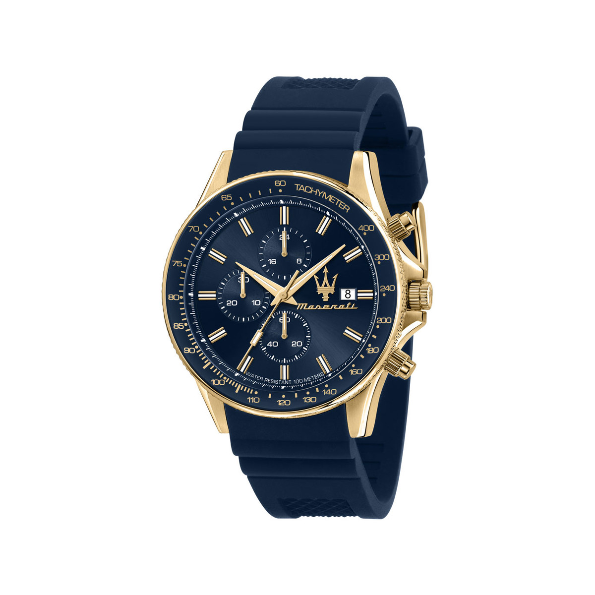 Montre MASERATI homme acier doré jaune bracelet silicone bleu