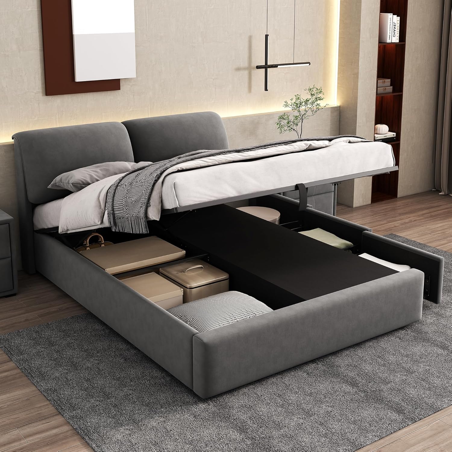 Polsterbett Doppelbett 140x200 cm mit 3 Stauraum Schublade, Bett mit Stauraum und Kopfteil, Stauraumbett mit Hydraulische Metallrahmen und Lattenrost aus Holz, Samt, Grau, Ohne Matratze