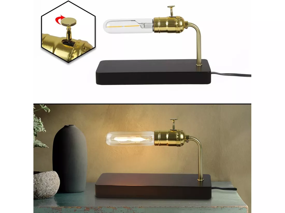 NETTLIFE Lampe de table vintage en bois -avec interrupteur Design rétro Lampe de nuit Steampunk Antique Métall(sans ampoules)