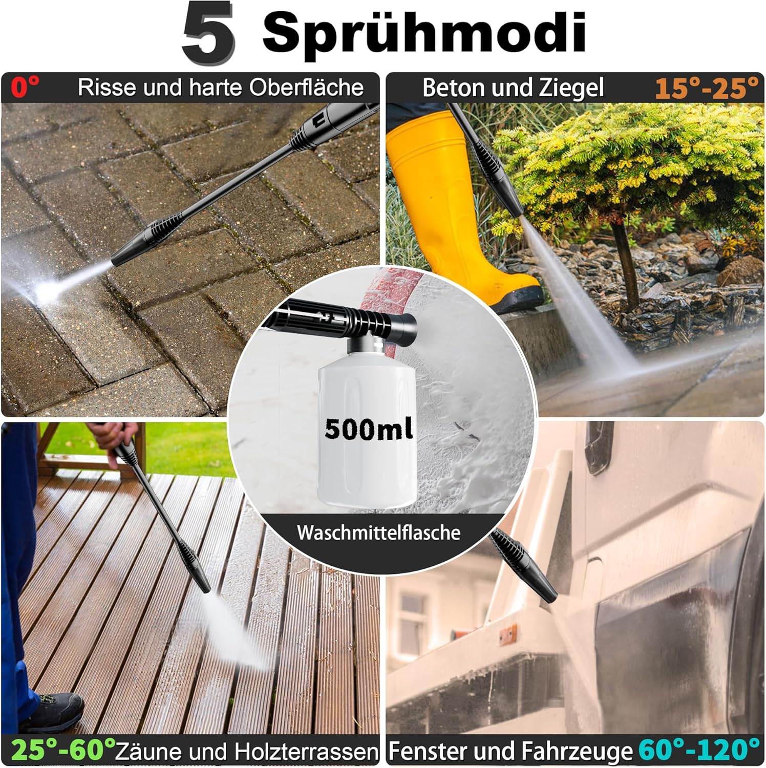 Hochdruckreiniger 8-stufiger Touchscreen, 6-in-1-Düse, Druck: 100-200bar, Fördermenge: 280-500l/h, Flächenleistung: 60m²/h, Wassersparend, mit Schaumkanone und Schlauchtrommel, Autos und Einfahrten