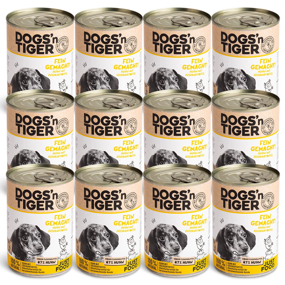 Dogs’n Tiger Junior, Welpen Premium Hundefutter, Nassfutter, Fein Gemacht, Huhn & Süßkartoffel