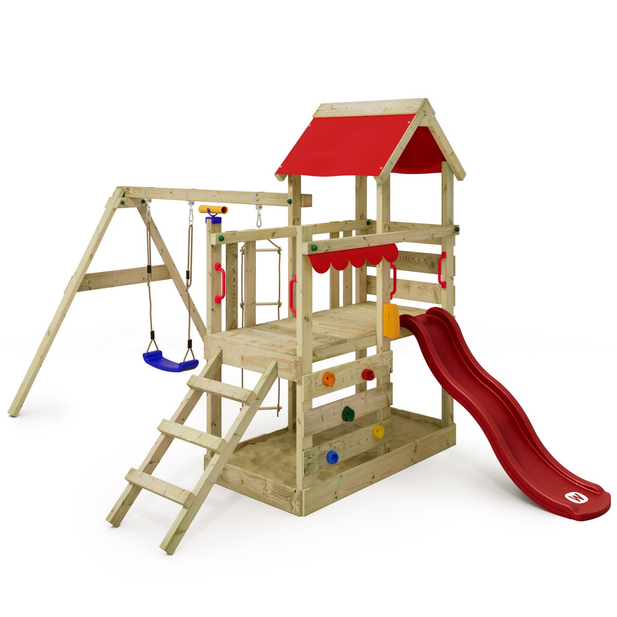WICKEY TurboFlyer speeltoren klimtoestel met schommel en glijbaan, klimtoren met zandbak, ladder en speeltoebehoren - rood