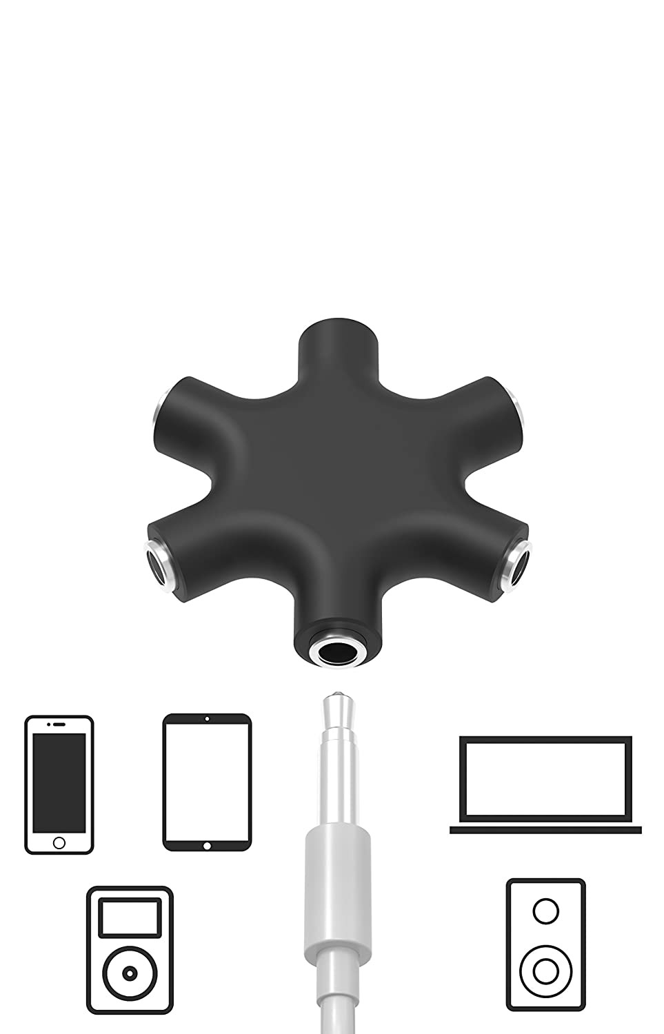 (Ø5cm) 6-fach 3.5mm Stereo Aux Audio Adapter Splitter   24cm Verbindungskabel - Schwarz