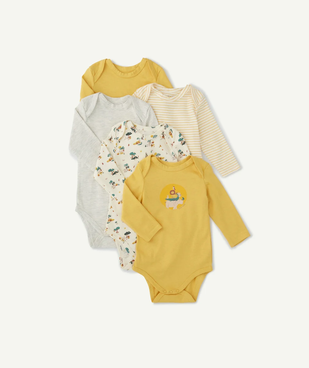 LOT DE 5 BODIES BÉBÉ EN COTON BIO JAUNE RAYÉ ET À MESSAGE