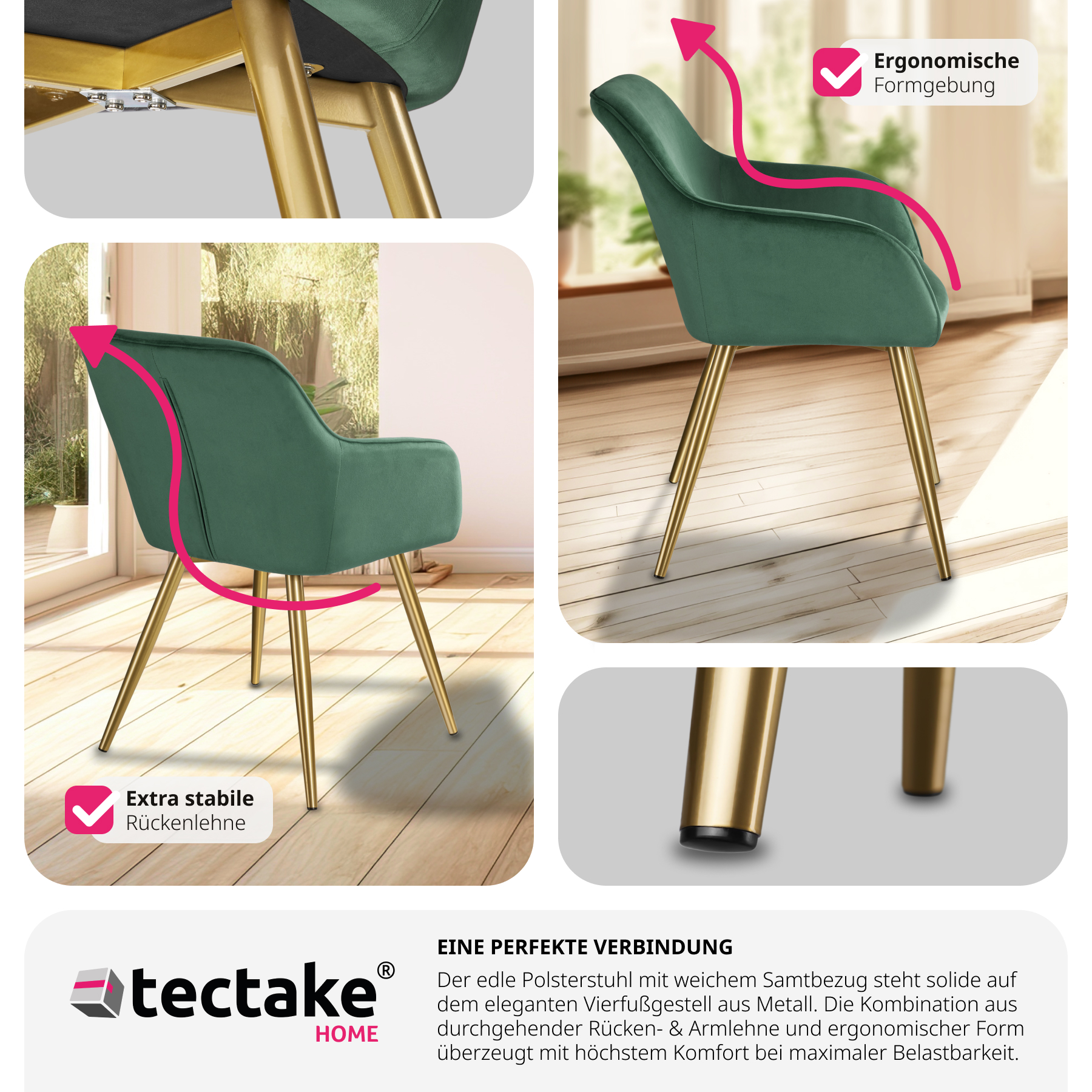 tectake® Esszimmerstuhl, gepolstert, in Samtoptik, goldene Stahlbeine, 58 x 62 x 82 cm