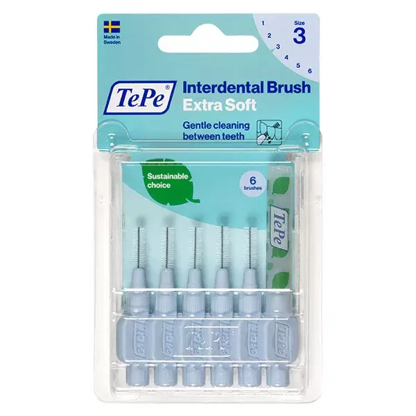 Escova interdental TePe Extra Macia e Ecológica, Azul Pastel, ISO 3 / 0,6 mm, 6 unidades.