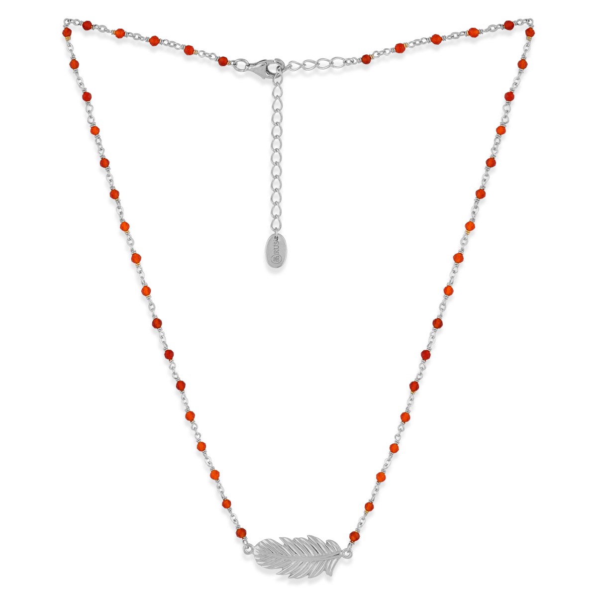 Collier Argent Rhodié Plume Et Pierres Onyx Naturelles Rouges