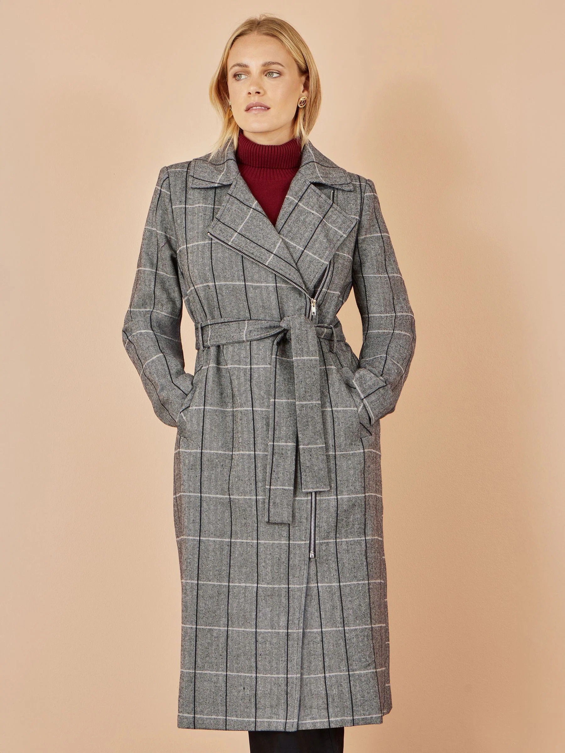 Yumi Check Oversize Long Biker Coat