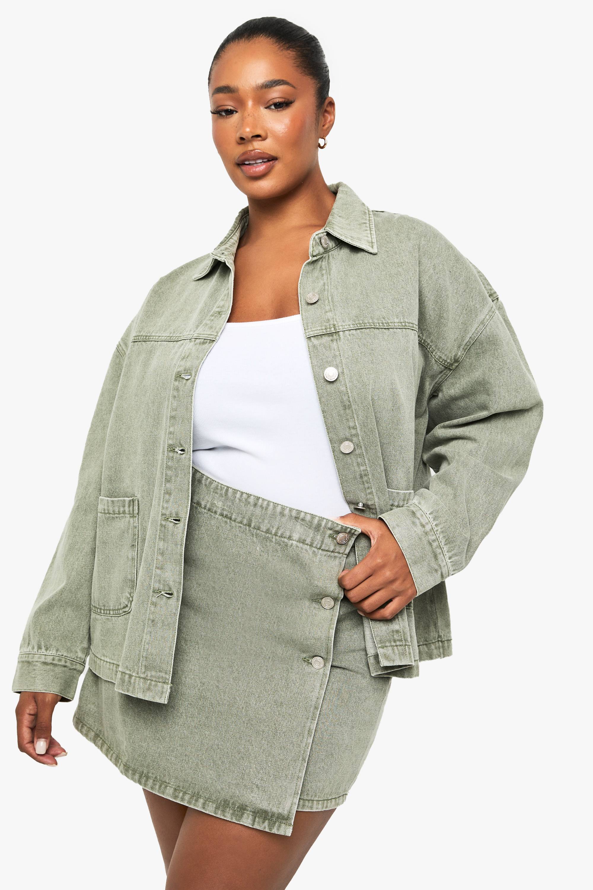 boohoo Jupe en denim khaki délavé Plus