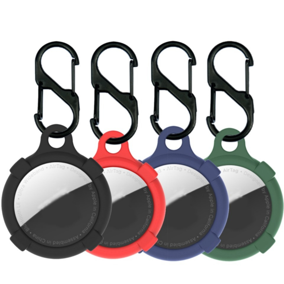 (4er Set) Apple AirTag Anhänger Silikon Case Hülle Schlüsselanhänger mit Karabinerhaken - Schwarz / Rot / Blau / Grün