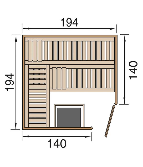 Weka Ecksauna Varberg mit Glastür und Fenster