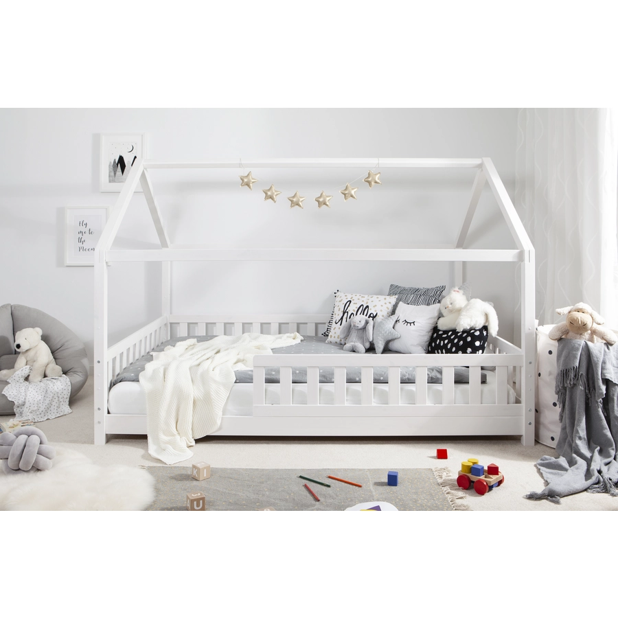 TICAA Kinderbett Hausbett Kay 140x200 Kiefer weiß Weiß