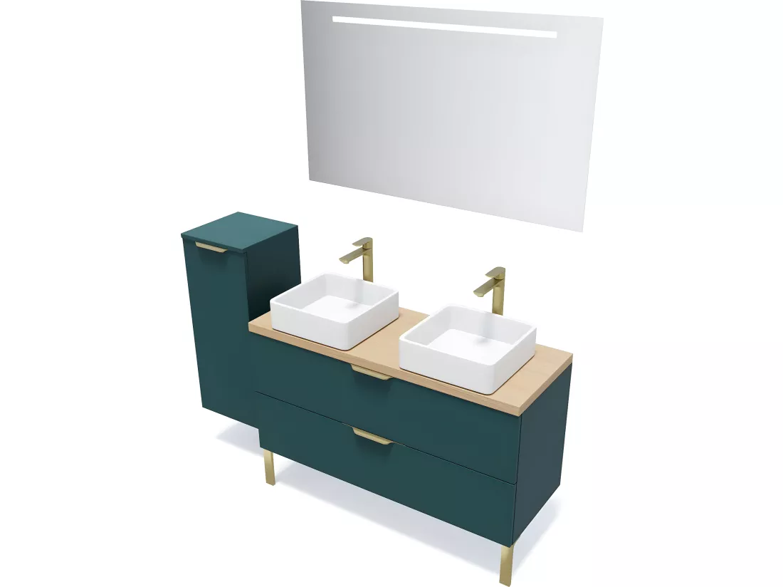 Meuble de salle de bain suspendu 2 vasques à poser 120cm 2 tiroirs Bleu - Venice