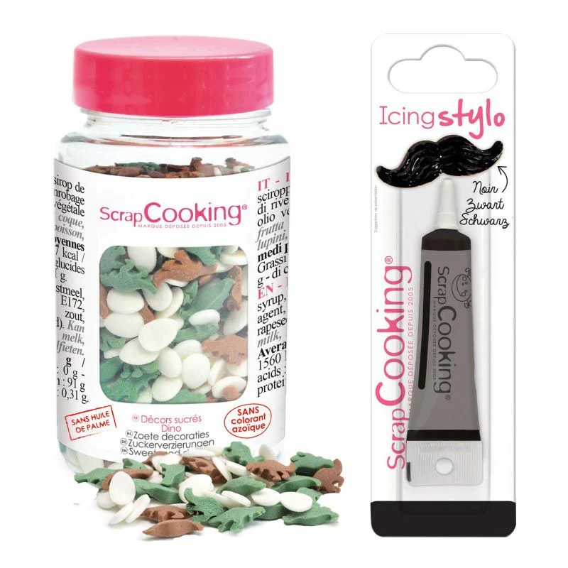 Décors sucrés dinosaures 55 g + Stylo de glaçage noir Scrapcooking