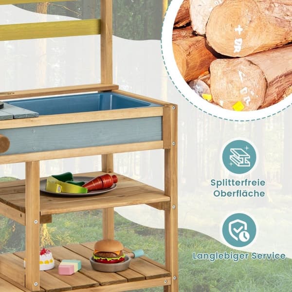 Gjørmekjøkken lekekjøkken laget av grantre med komfyrknotter & Naturlig vask