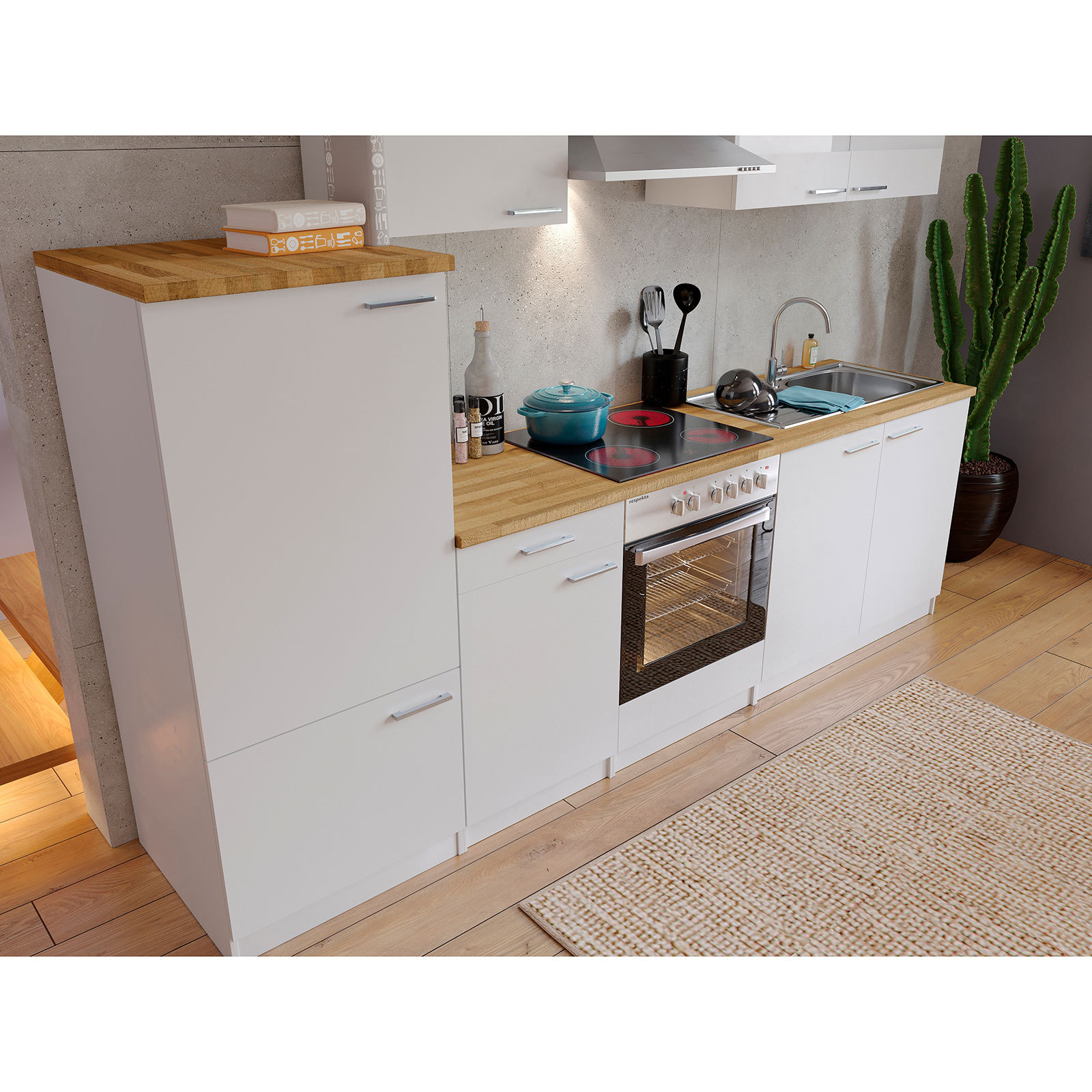 RESPEKTA Küchenblock - weiß - mit E-Geräten - 270 cm