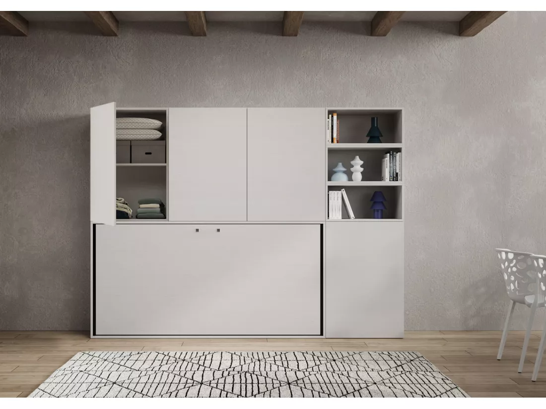 Lit escamotable horizontal blanc Bounto 85x185 avec rangement et bibliothèque composition F-