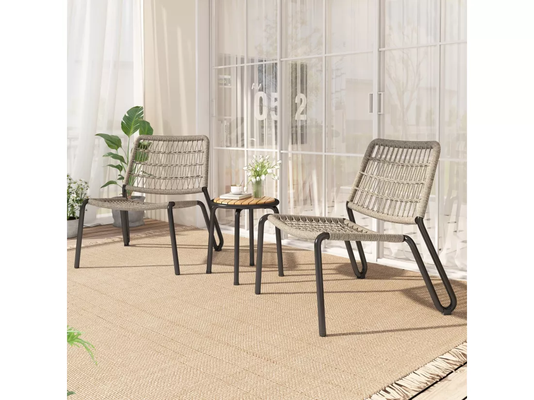Lot de 3 salon de jardin en acier galvanisé - 2 fauteuils ergonomique et une table d'appoint ronde - charge max 160kg - Beige
