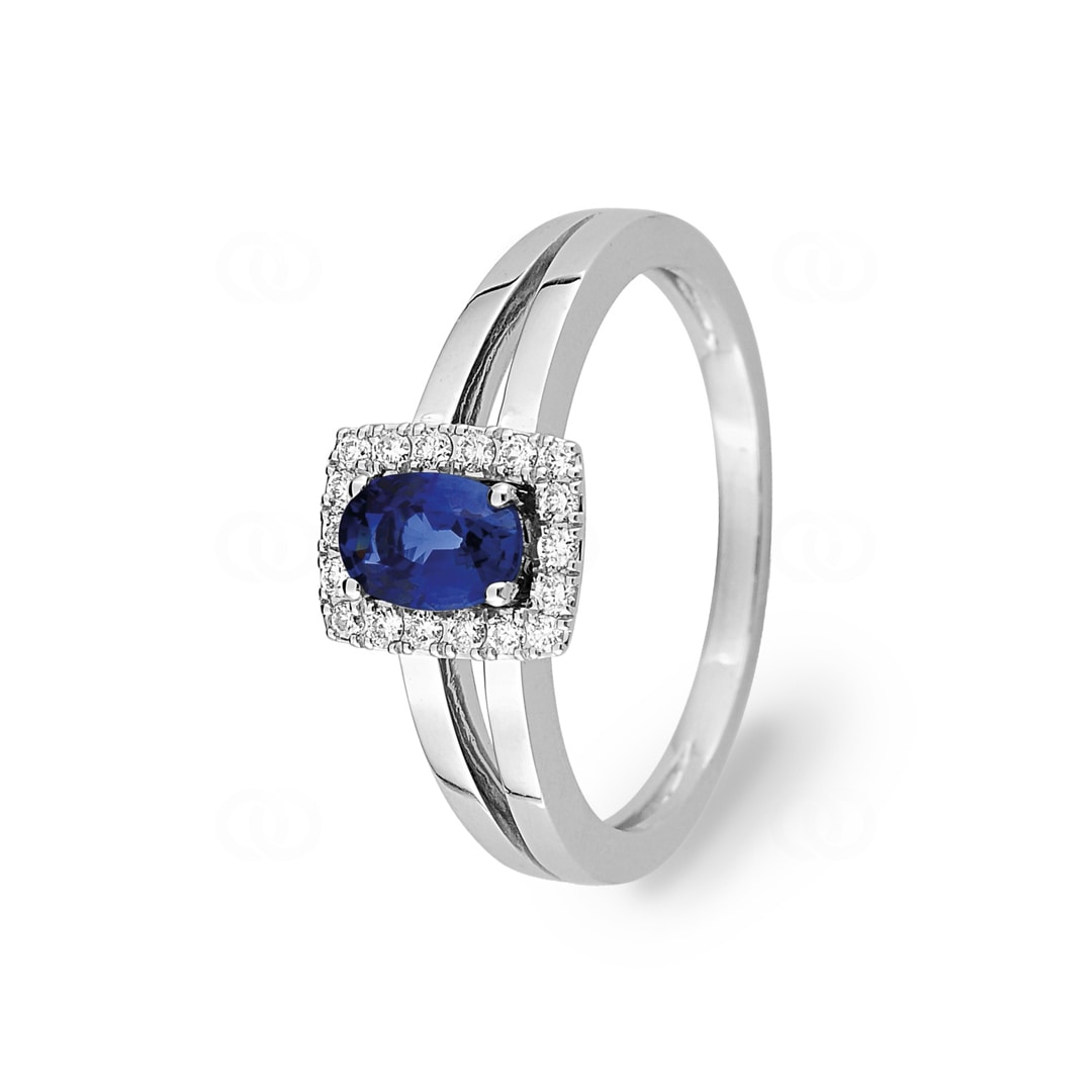 Damenring 750/18 K Weissgold mit Saphir oval & Diamanten 0.13 ct.