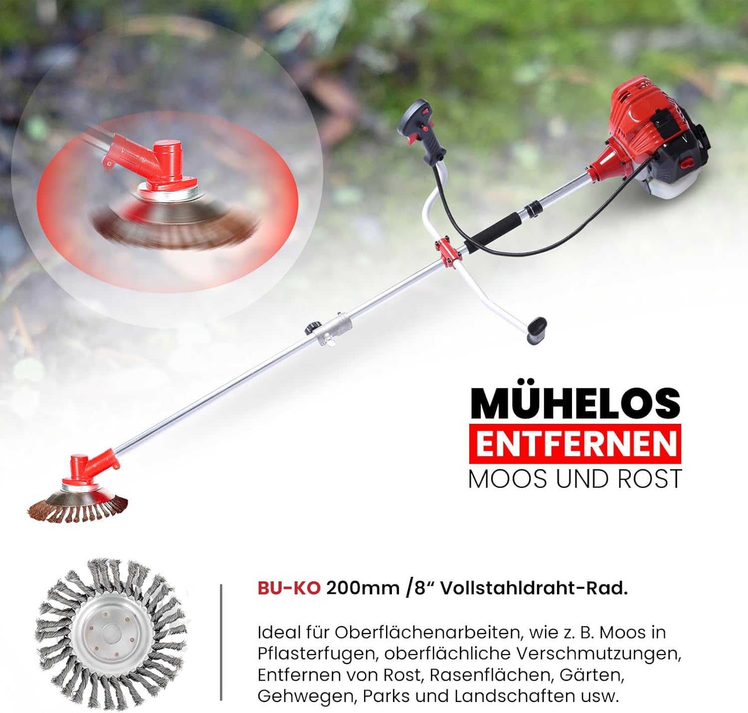 BU-KO 52cc Motorsense Benzin Rasentrimmer Garden Tool inklusive: String Trimmer, Freischneider mit 3T Blade, Stahldraht Strummer Wildkrautbürste Schneidemesser. Tolles Outdoor Tool