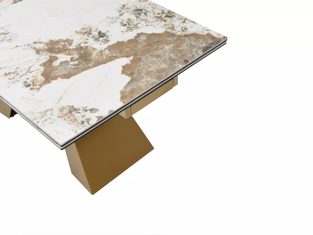 Table à manger extensible 6 à 10 personnes en verre trempé, céramique et métal doré - Effet marbre blanc et taupe - LOZIPA de Maison Céphy