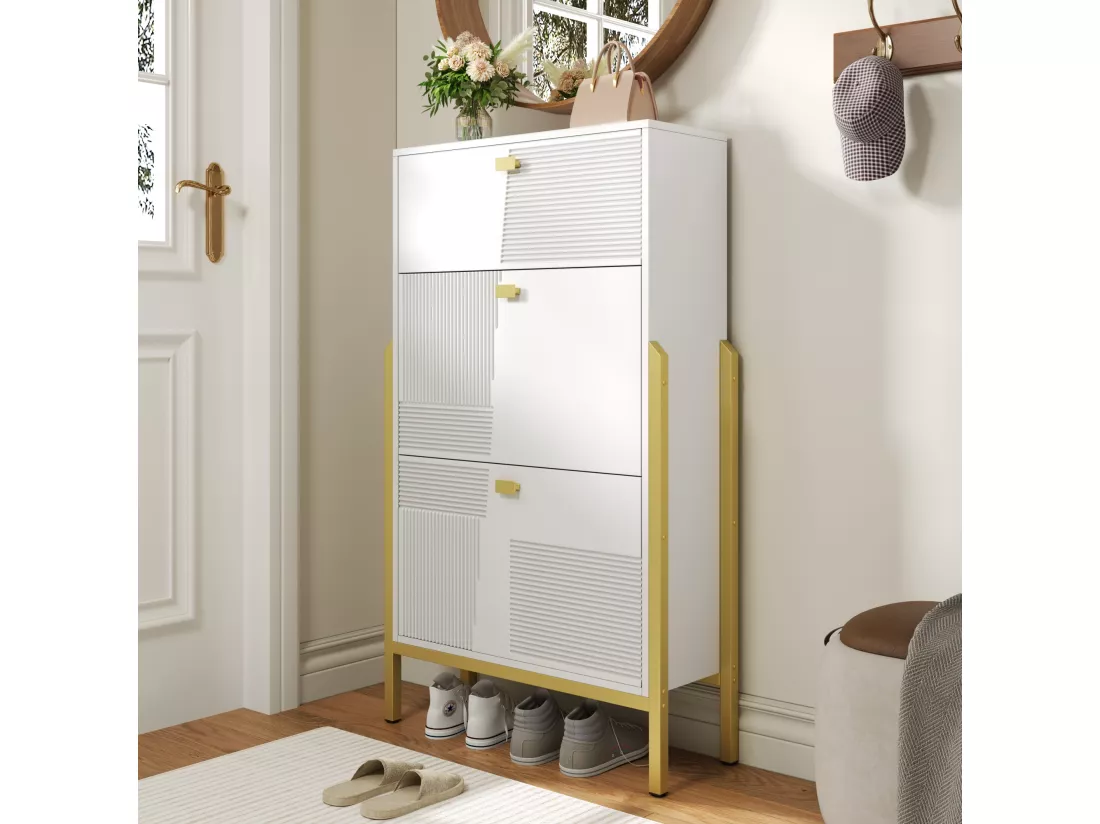 Meuble à chaussures avec 2 portes et 1 tiroir - 65 x 25 x 120.5 cm - Poignées et pieds dorés - Panneaux de particules - Blanc