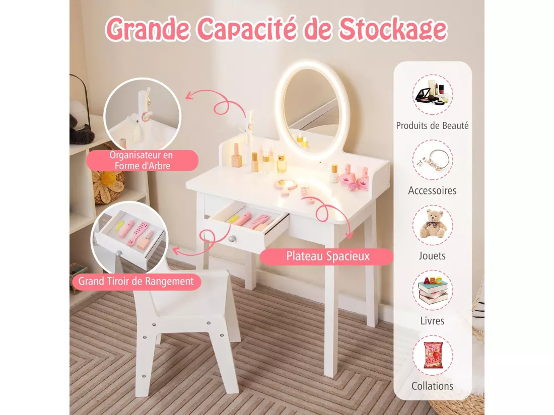2 en 1 Coiffeuse Enfants avec Tabouret & Miroir Amovible, Table de Maquillage avec Tiroir & Organisateur en Forme Arbre, Dispositif Anti-basculement, Charge 50kg pour Enfants de 3-8 Ans
