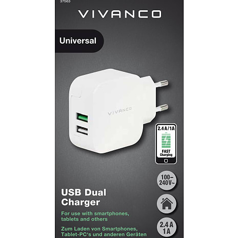 Vivanco 2 x USB-hjemmeoplader 3.4A (2.4A+1A) - hvid