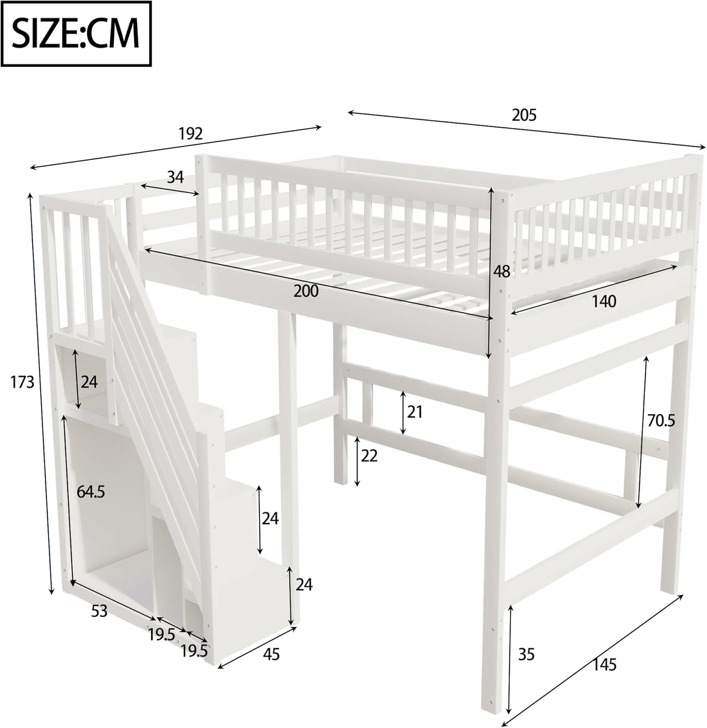 Kinderbett Etagenbett 140x200 cm, Hochbett mit Treppe und Stauschrank, Multifunktionsbett Doppelbett Stockbett Spielbett Kinderhochbett Jugendhochbett mit Lattenrost, Massivholz, Ohne Matratze, Weiß