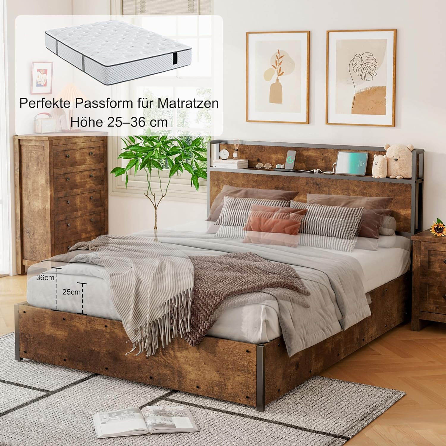 Bett mit Stauraum und Hebemechanismus, Plattformbett mit Kopfteil aus Holz, Staufächern und Ladestation, Ohne Matratze (Braun, 140x200cm)