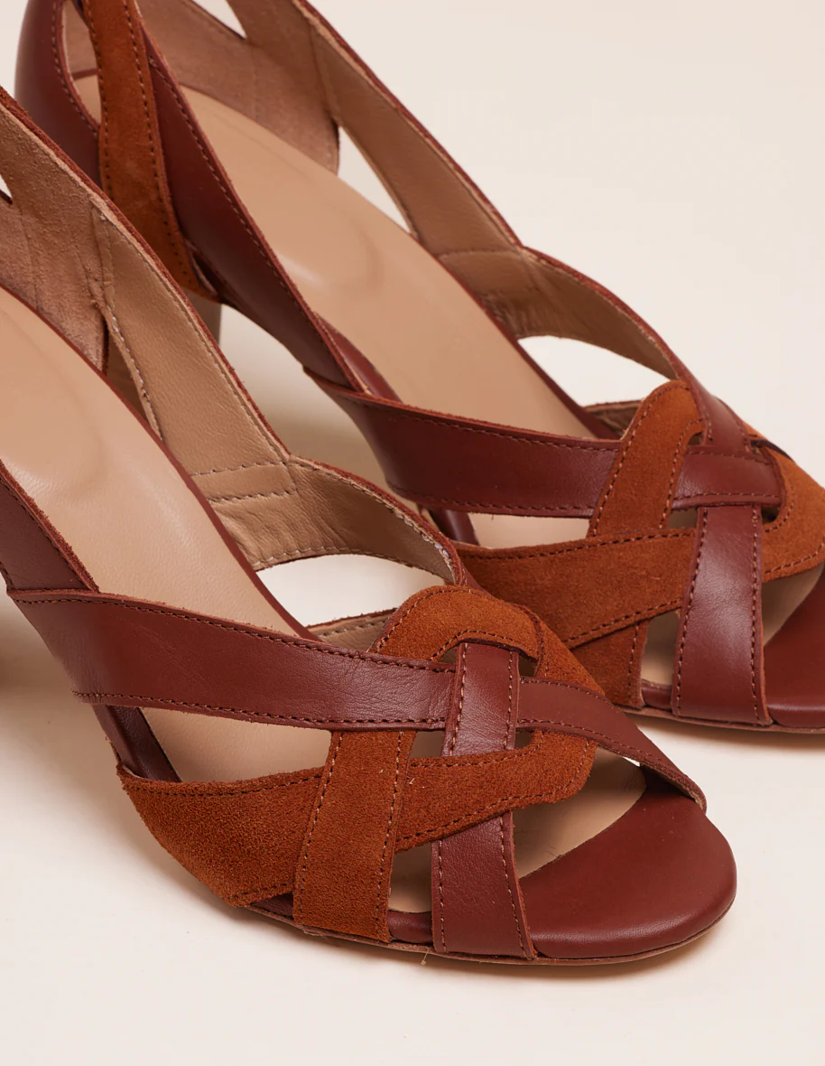 Sandales à talons Clémentine H - Cuir cognac et suède