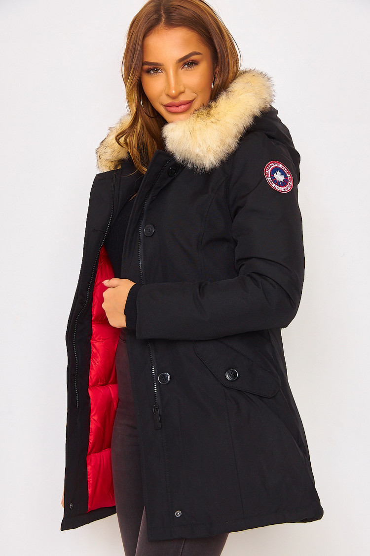 Parka noire mi-longue à capuche fourrure beige