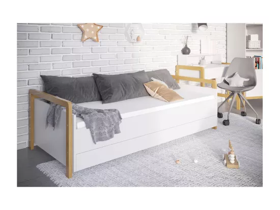 Lit banquette 80x180 sommier et tiroir de lit inclus Victor - Blanc et Chêne