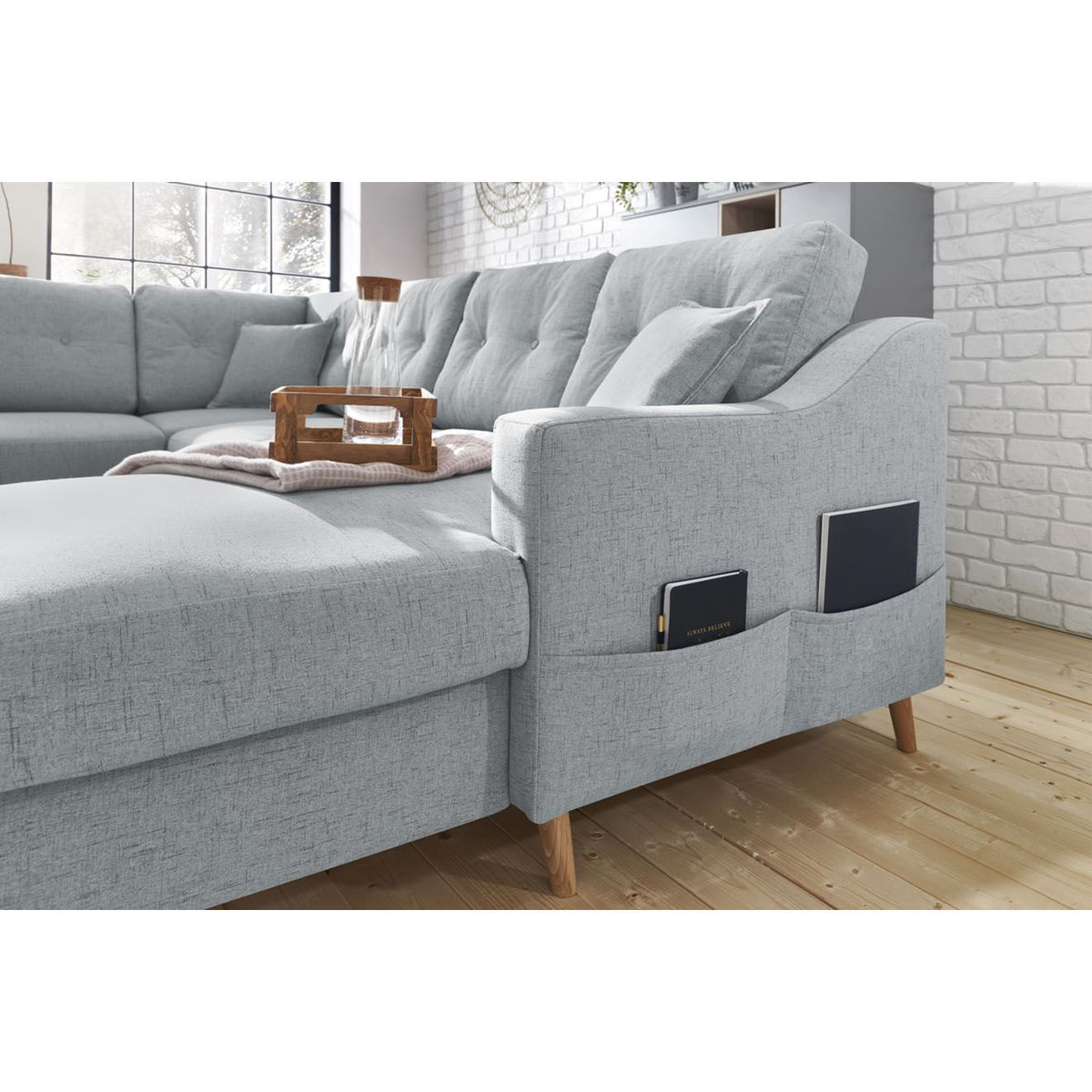 Bobochic Canapé d'angle panoramique convertible droit Sweden gris clair - 300x149/90/198x95 cm