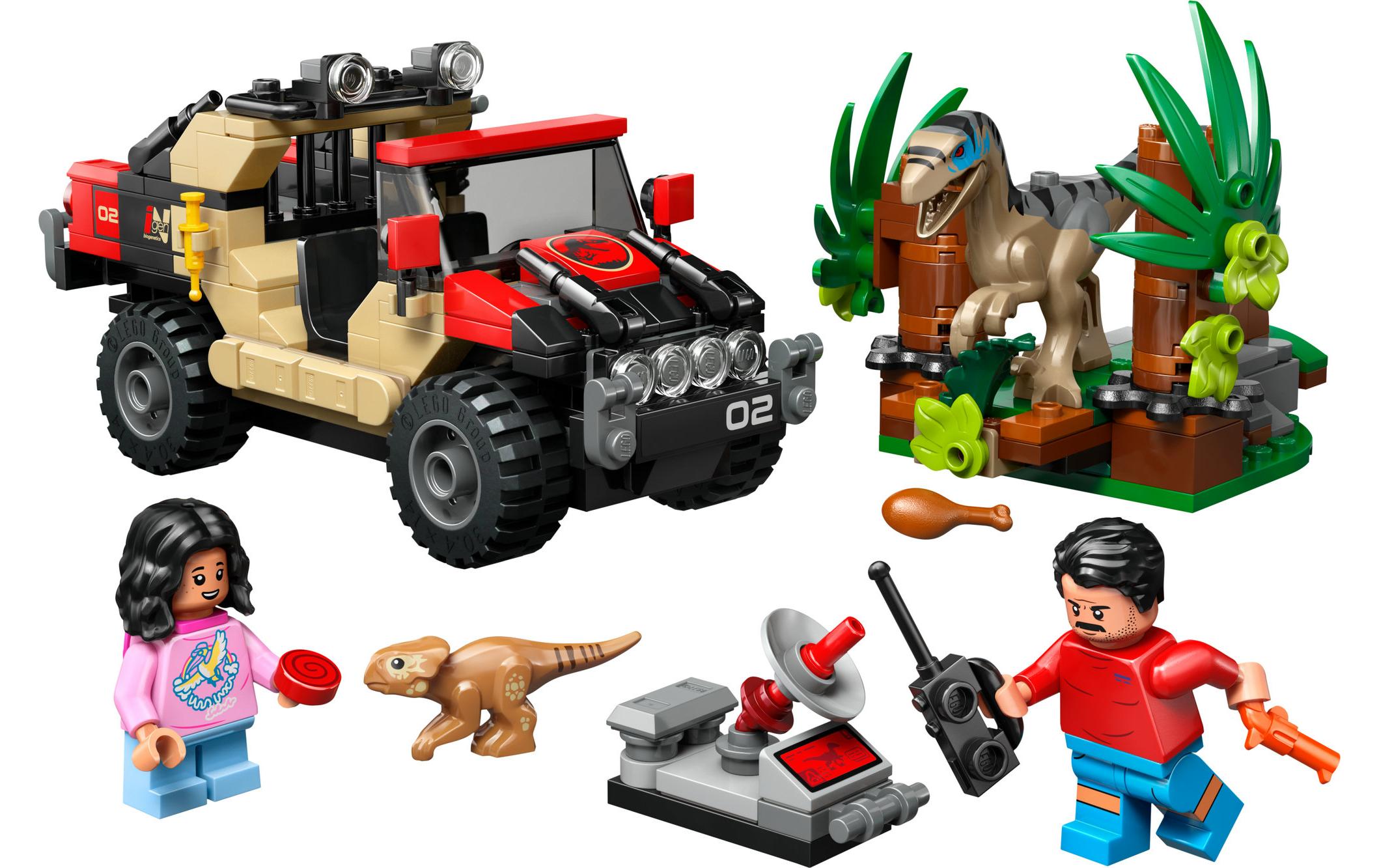 Jurassic World Raptor: Verfolgungsjagd mit dem GeländewagenLego Bauset mit Dino zum Spielen und Ausstellen